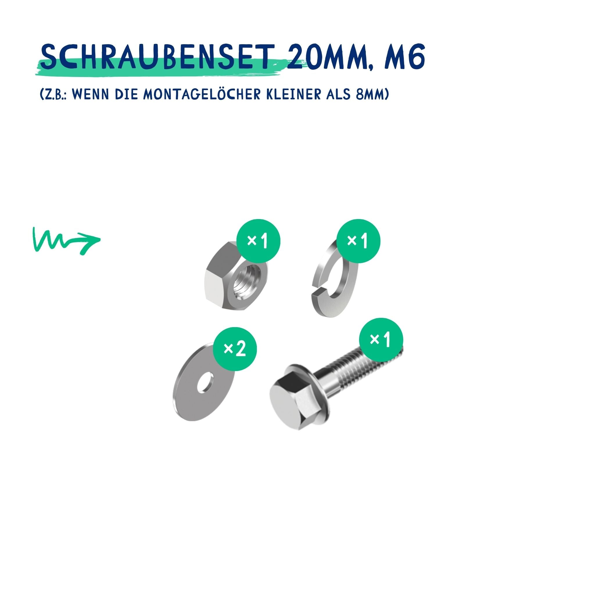 Schraubenset 20mm, M6 (z.B.: wenn die Montagelöcher kleiner als 8mm)
