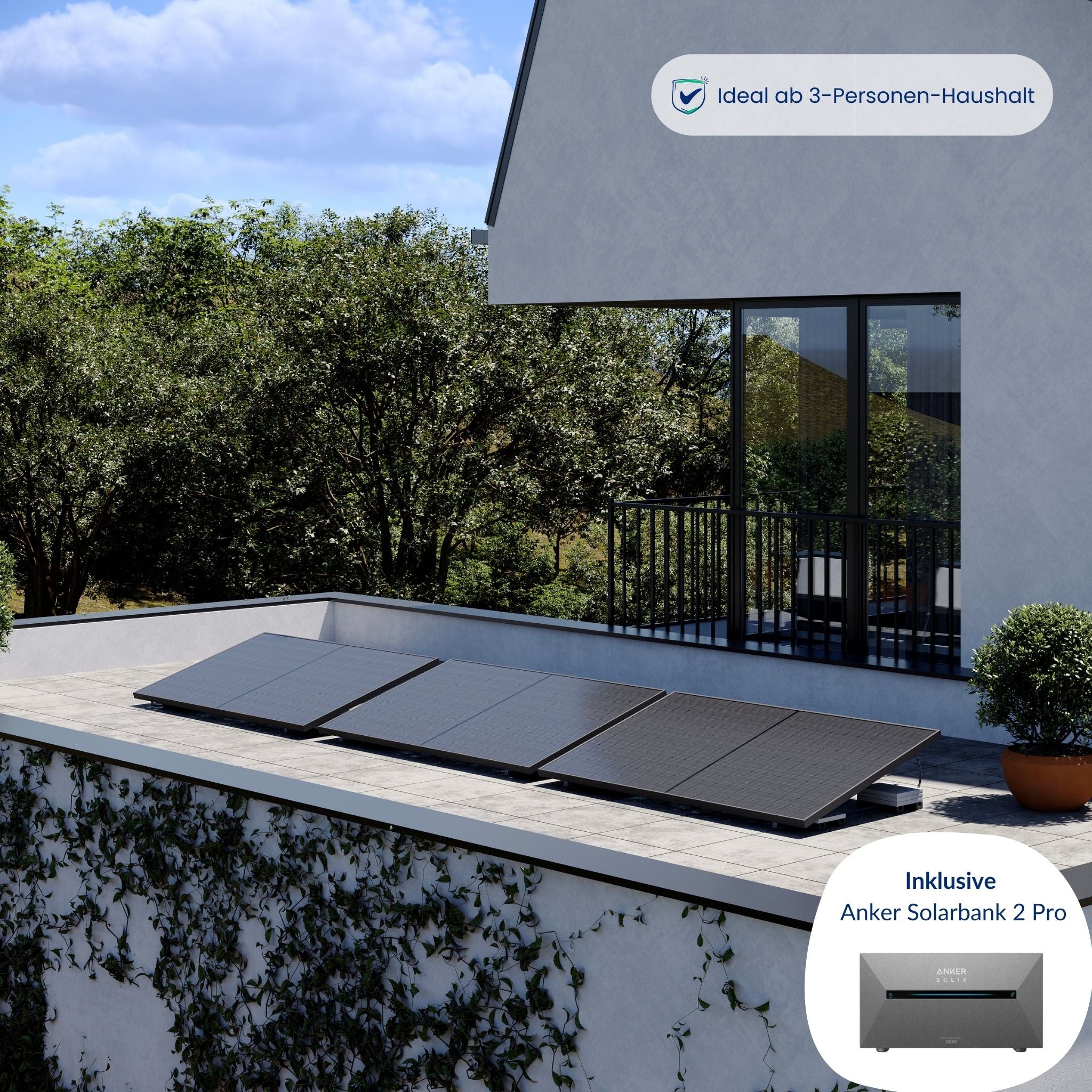 Premium Refurbished Balkonkraftwerk mit Anker-Speicher (1215W, Flachdach, Schwarz)