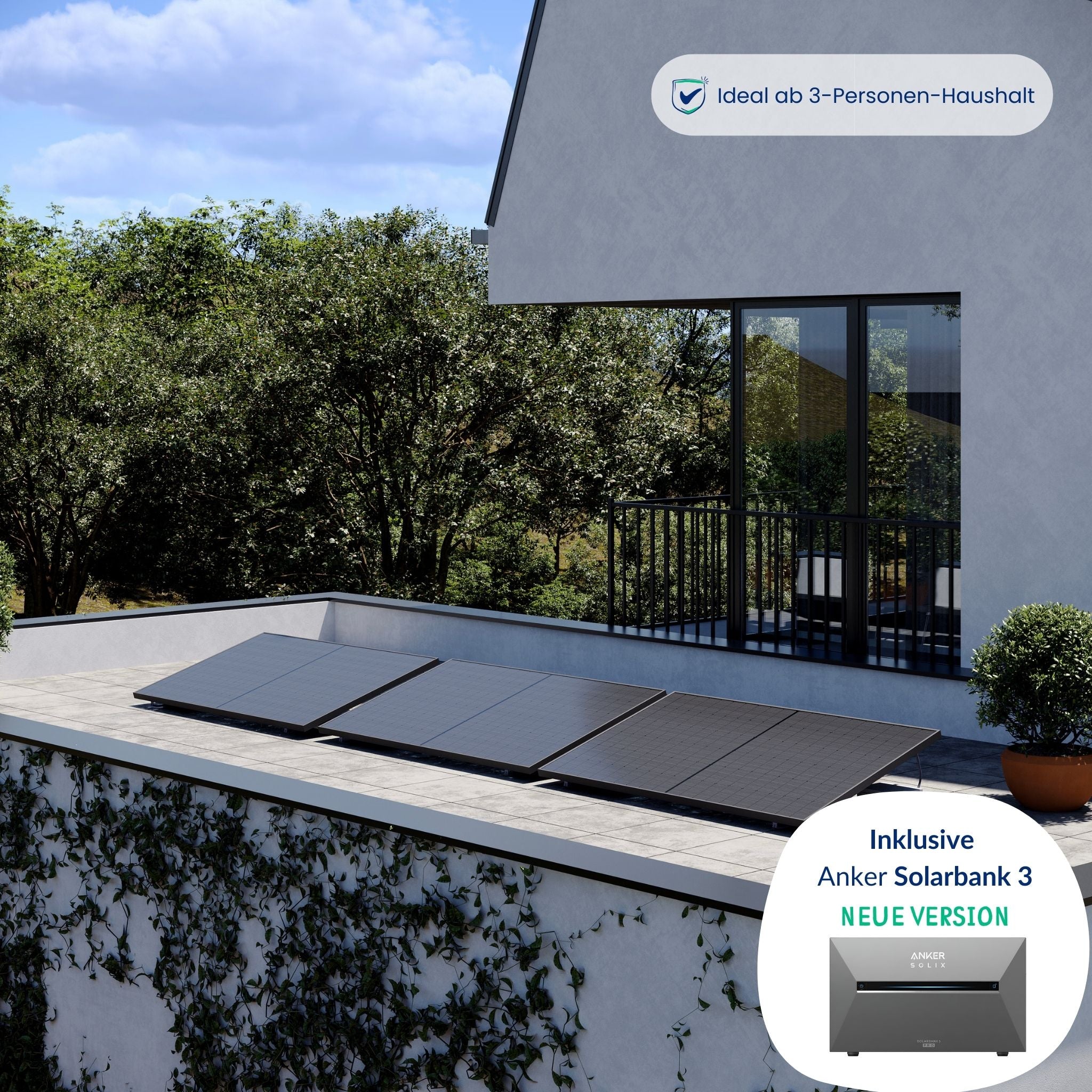 Premium Refurbished Balkonkraftwerk mit Anker Solarbank 3 (1215W, Flachdach, Schwarz)