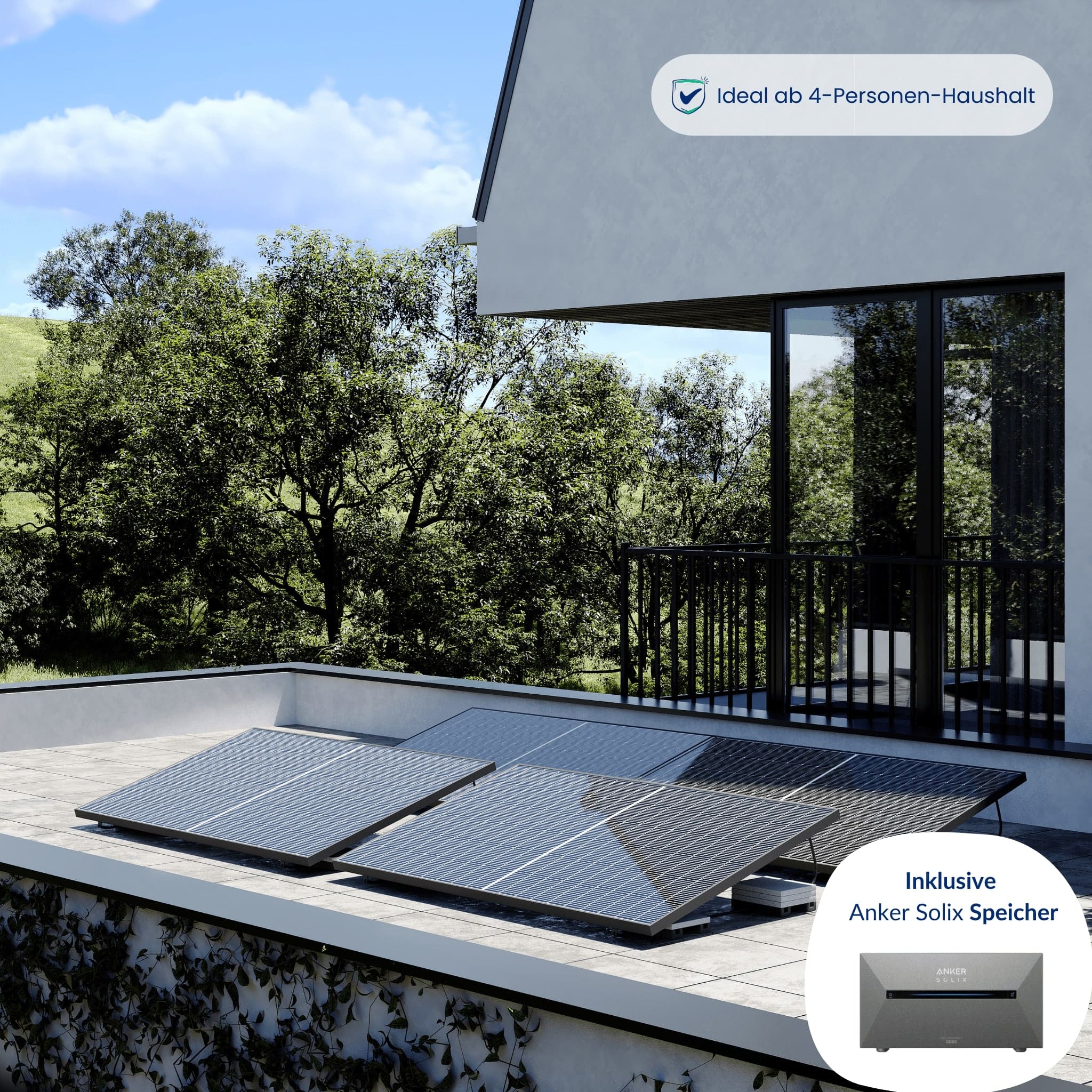 Premium Refurbished Balkonkraftwerk mit Anker-Speicher (1620W, Flachdach, Schwarz)