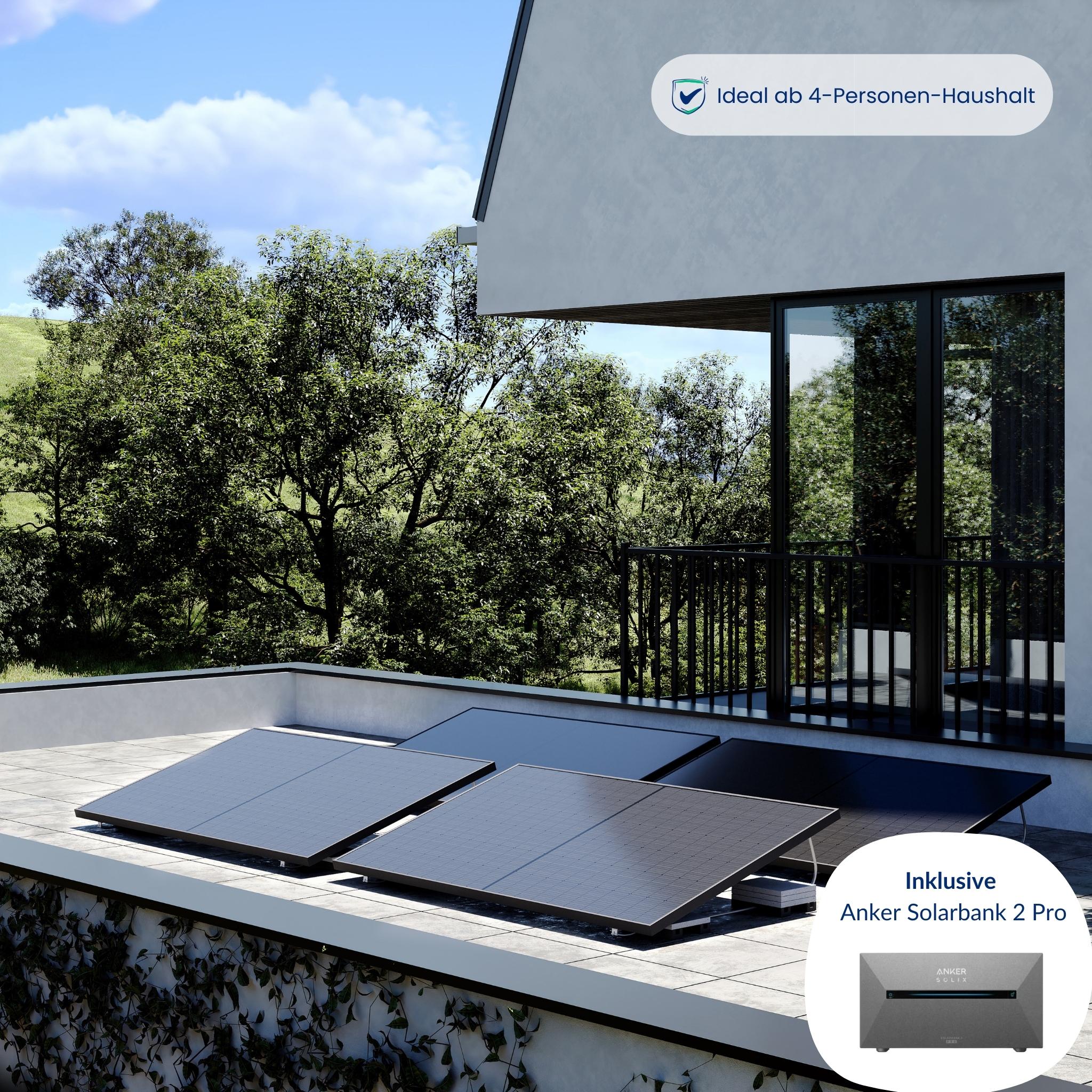 Premium Refurbished Balkonkraftwerk mit Anker-Speicher (1620W, Flachdach, Schwarz)