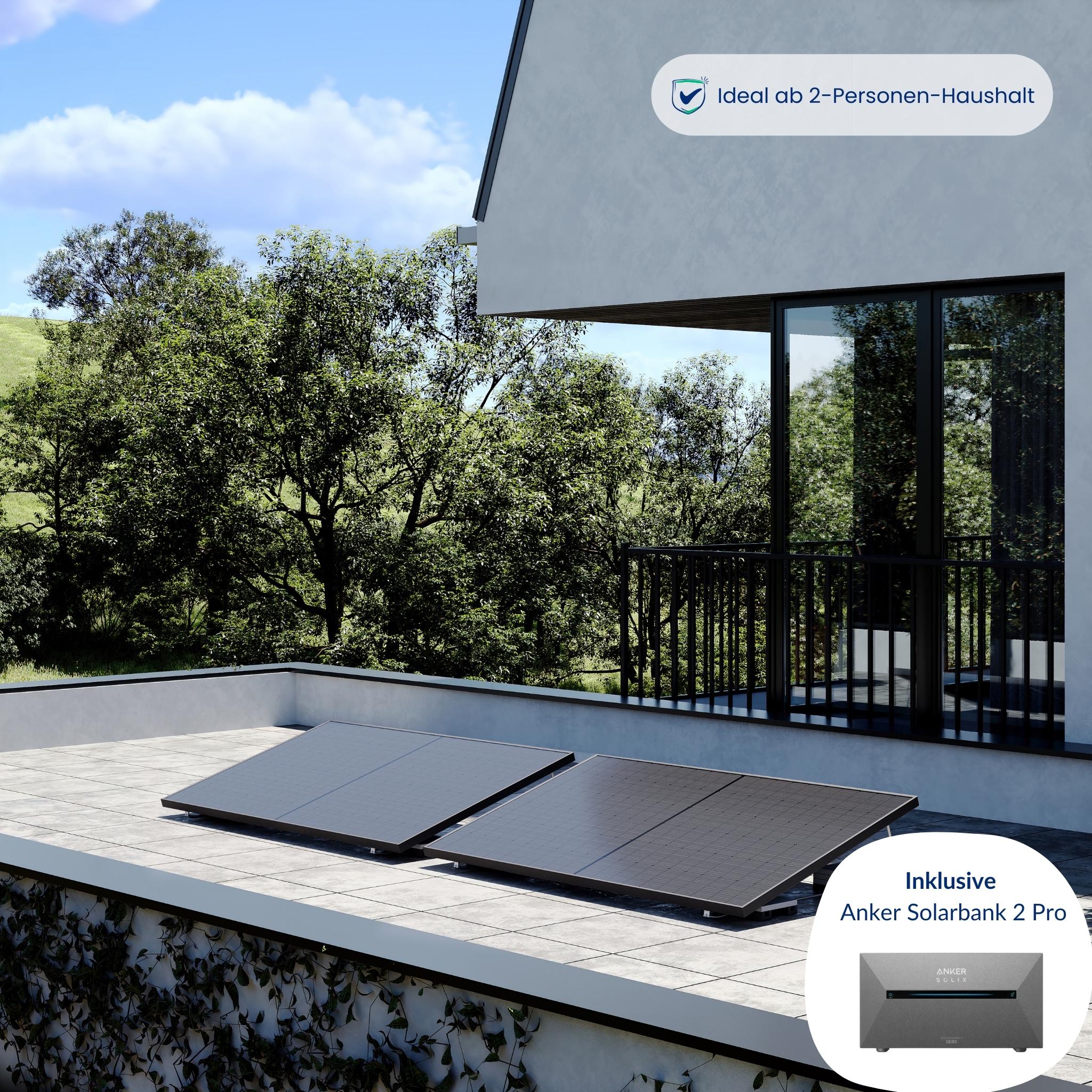 Premium Refurbished Balkonkraftwerk mit Anker-Speicher (810W, Flachdach, Schwarz)