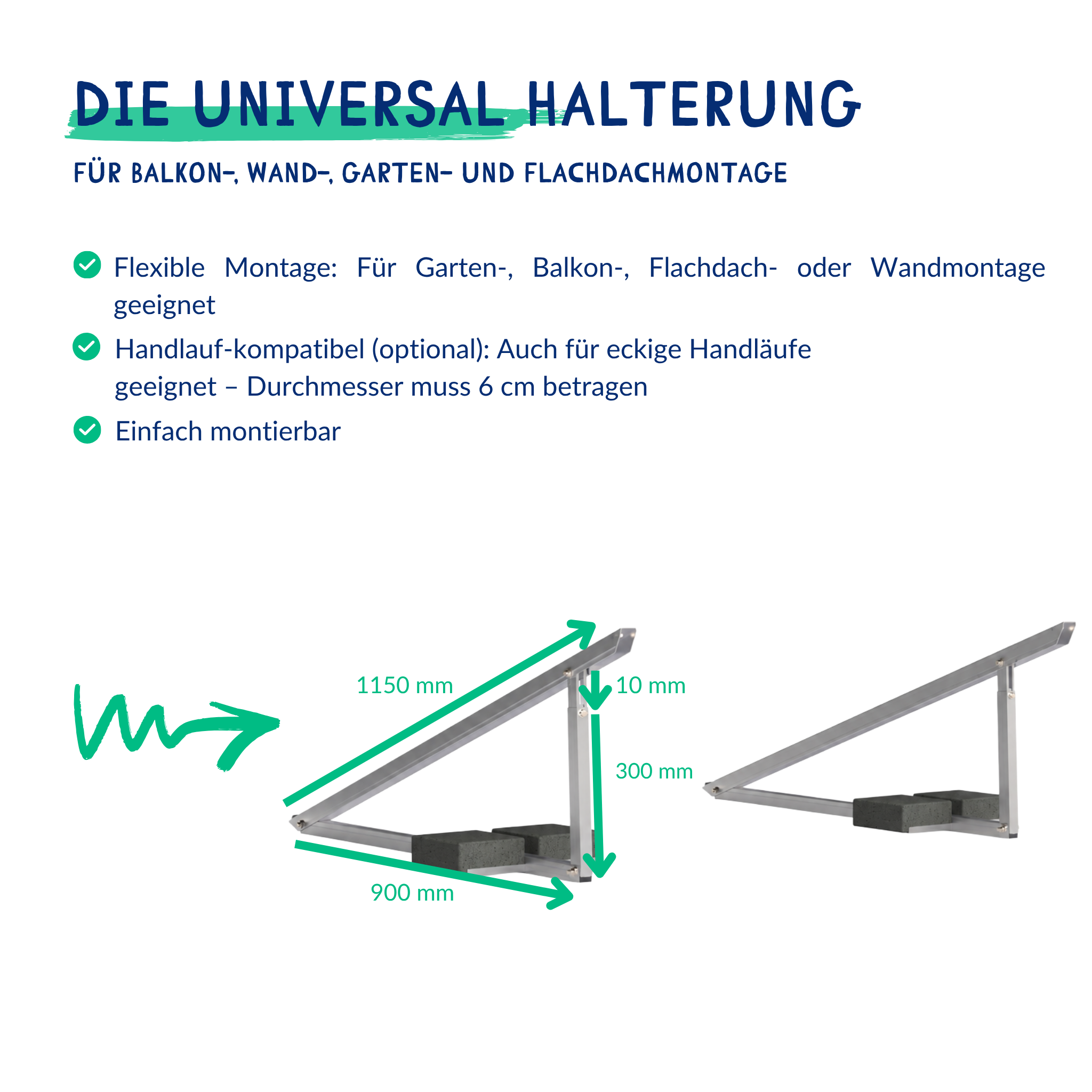 Universal-Schienenhalterung für Balkon, Wand und Flachdach
